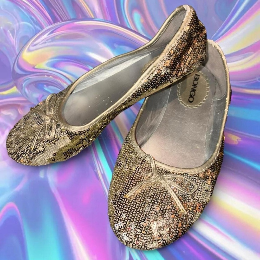 vtg y2k gold sequin flats - bongo, fits womens 3.5/4. light wear/age flaws